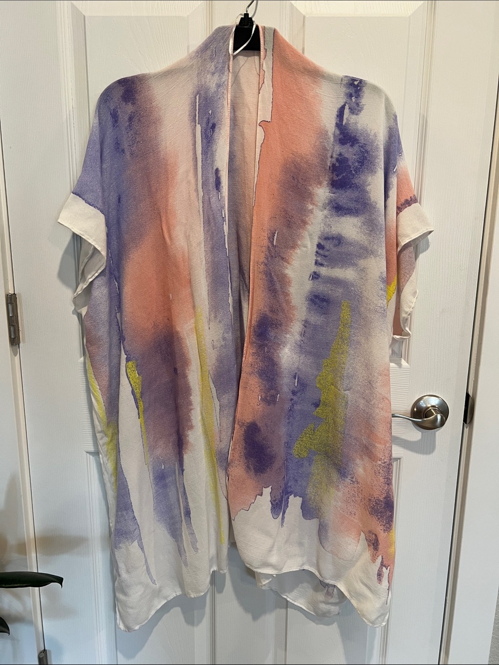 Source Unknown Watercolor Kimono Cardigan in White with Purple, Pink & Yellow